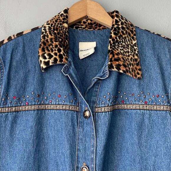 Vintage Brandon Y Size 8 Blue Jean Denim Jacket Leopard Print Faux Fur Collar - Picture 3 of 7
